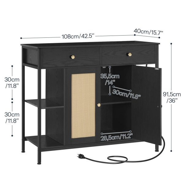 Black Multifunctional Sideboard with Integrated Charging Station, Rattan-Decorated Storage Cabinet with Drawers, مناسبة لغرفة الطعام, مطبخ, المدخل وغرفة المعيشة