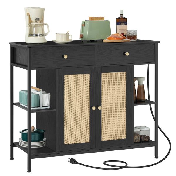 Black Multifunctional Sideboard with Integrated Charging Station, Rattan-Decorated Storage Cabinet with Drawers, مناسبة لغرفة الطعام, مطبخ, المدخل وغرفة المعيشة