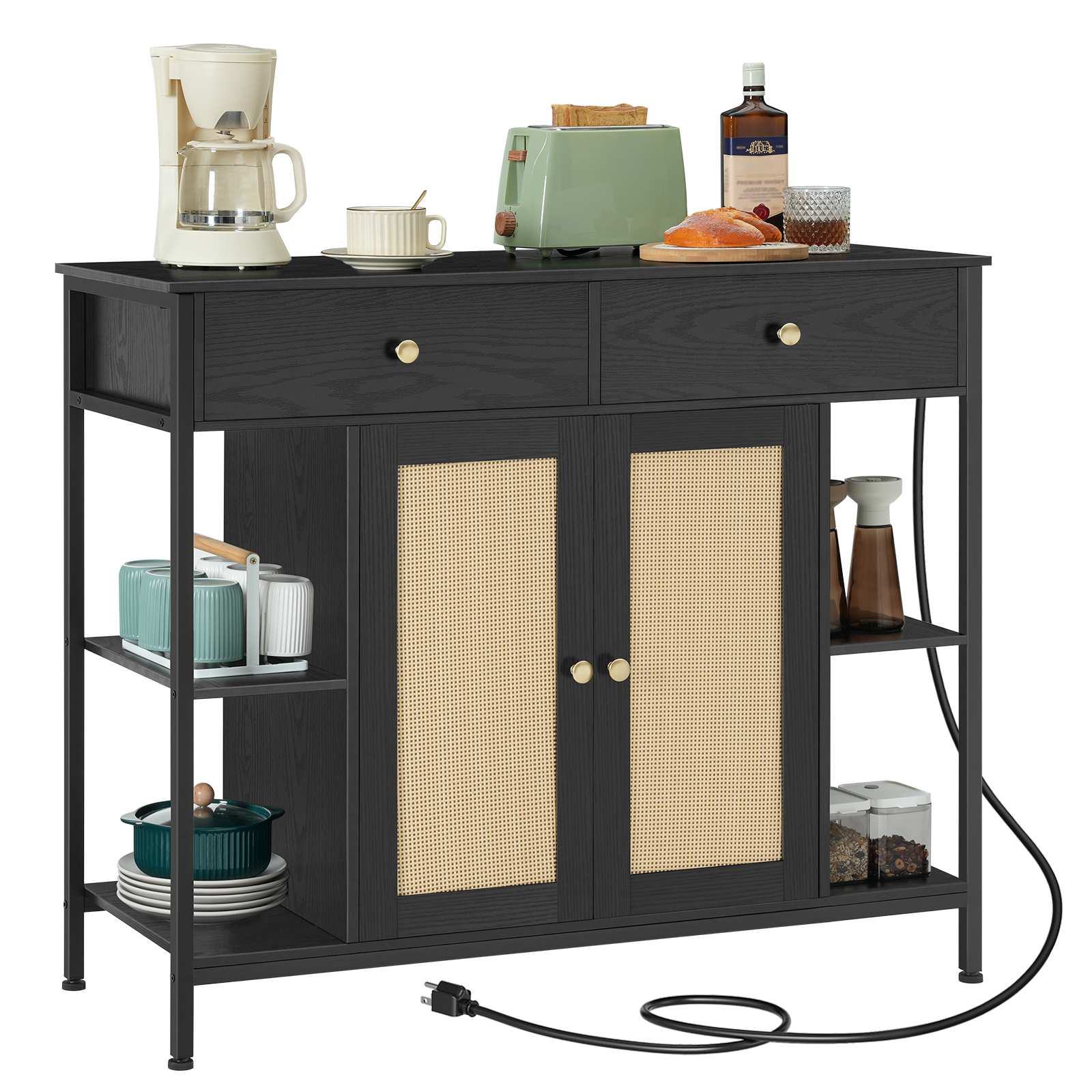 Black Multifunctional Sideboard with Integrated Charging Station, Rattan-Decorated Storage Cabinet with Drawers, Geschikt voor eetkamer, Keuken, Hal en woonkamer