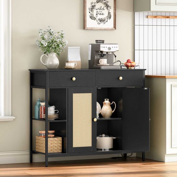 Black Multifunctional Sideboard with Integrated Charging Station, Rattan-Decorated Storage Cabinet with Drawers, مناسبة لغرفة الطعام, مطبخ, المدخل وغرفة المعيشة