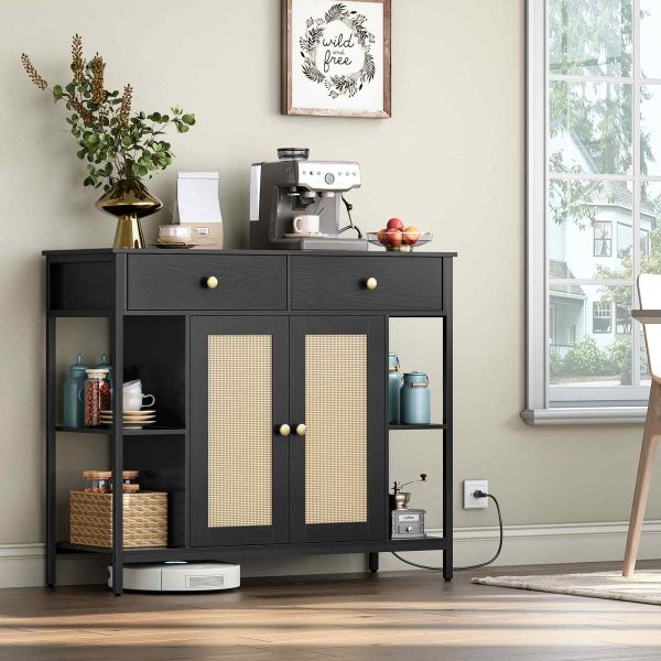 Black Multifunctional Sideboard with Integrated Charging Station, Rattan-Decorated Storage Cabinet with Drawers, مناسبة لغرفة الطعام, مطبخ, المدخل وغرفة المعيشة