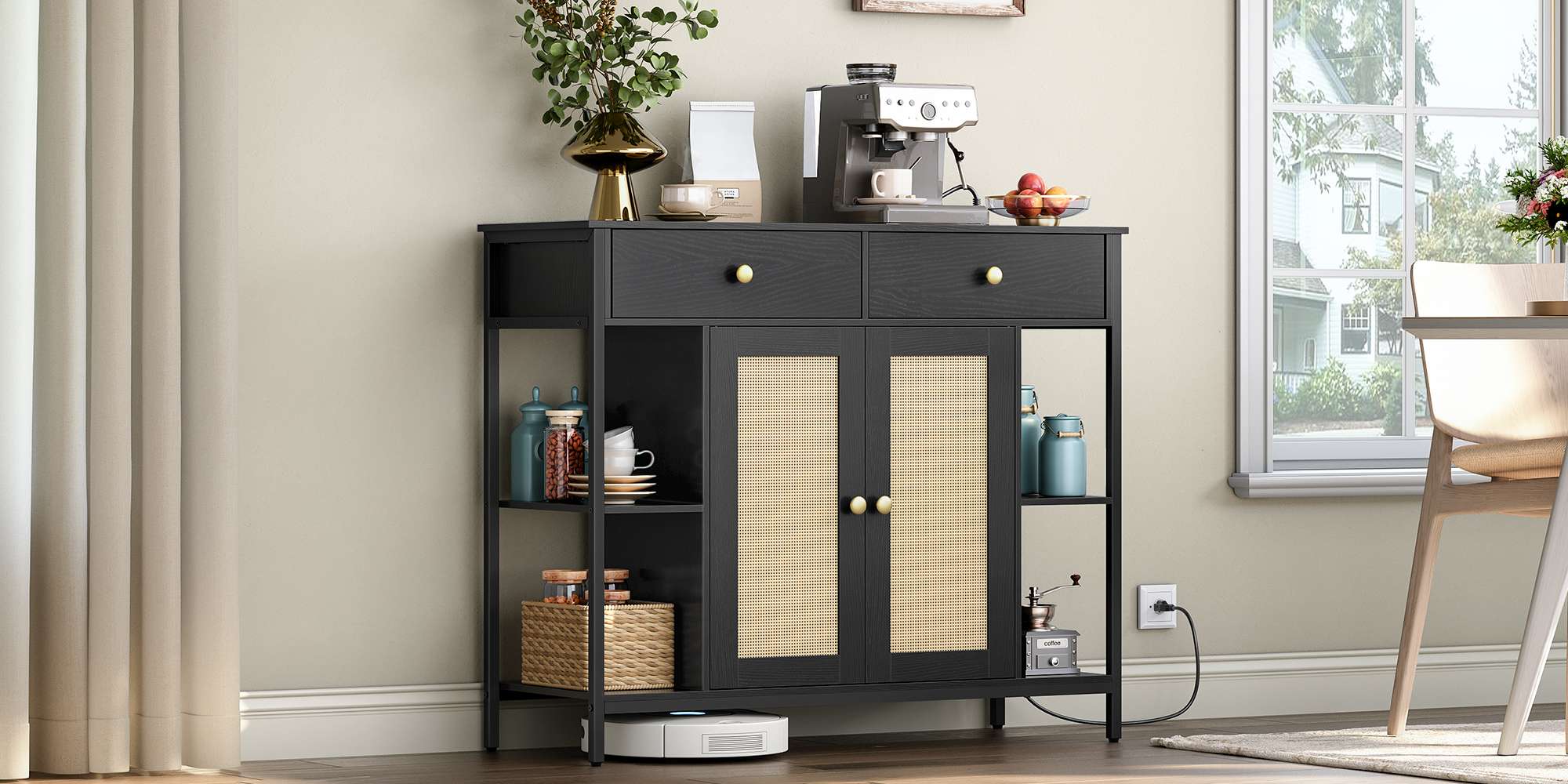 Black Multifunctional Sideboard with Integrated Charging Station, Rattan-Decorated Storage Cabinet with Drawers, مناسبة لغرفة الطعام, مطبخ, المدخل وغرفة المعيشة
