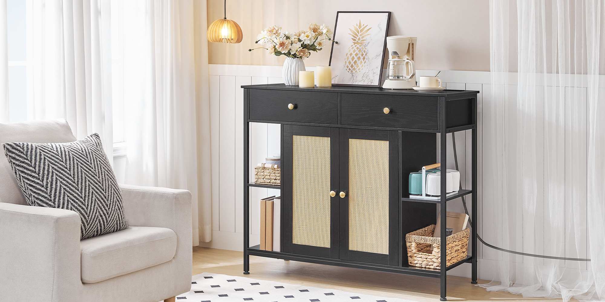 Black Multifunctional Sideboard with Integrated Charging Station, Rattan-Decorated Storage Cabinet with Drawers, مناسبة لغرفة الطعام, مطبخ, المدخل وغرفة المعيشة