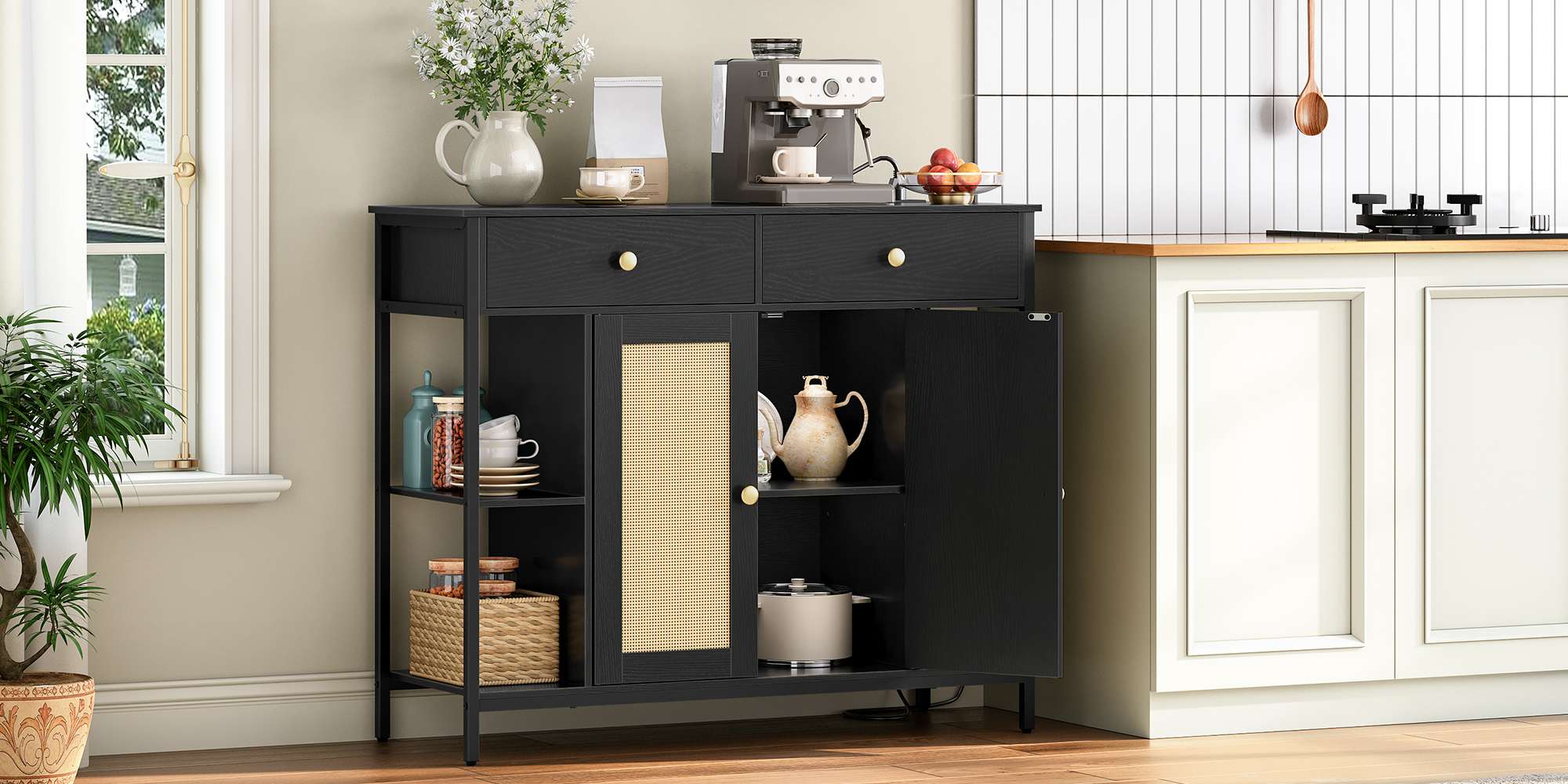 Black Multifunctional Sideboard with Integrated Charging Station, Rattan-Decorated Storage Cabinet with Drawers, مناسبة لغرفة الطعام, مطبخ, المدخل وغرفة المعيشة