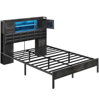 سرير إطار كوين بحجم كوين مع اللوح الأمامي للتخزين, إطار سرير منصة منجد مع محطة شحن ومصابيح LED, إطار سرير كوين مع التخزين, دعم الإطار المعدني, لا حاجة إلى بوكس سبرينغز, أسود
