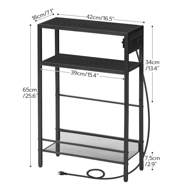HOOBRO Kleine smalle bijzettafel met laadstation, Magere bijzettafel voor kleine ruimtes, Slank nachtkastje met USB -poorten Outlet, Sofa naast tafel met opslagplank, Zwart