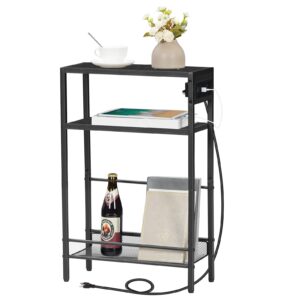 Slim Narrow Side Table with Integrated Charging Station, Space-Saving End Table with USB Ports and Power Outlet, Multi-Functional Sofa Side Table with Storage Shelves, Black