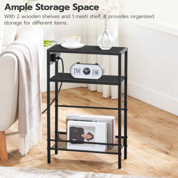 HOOBRO Kleine smalle bijzettafel met laadstation, Magere bijzettafel voor kleine ruimtes, Slank nachtkastje met USB -poorten Outlet, Sofa naast tafel met opslagplank, Zwart