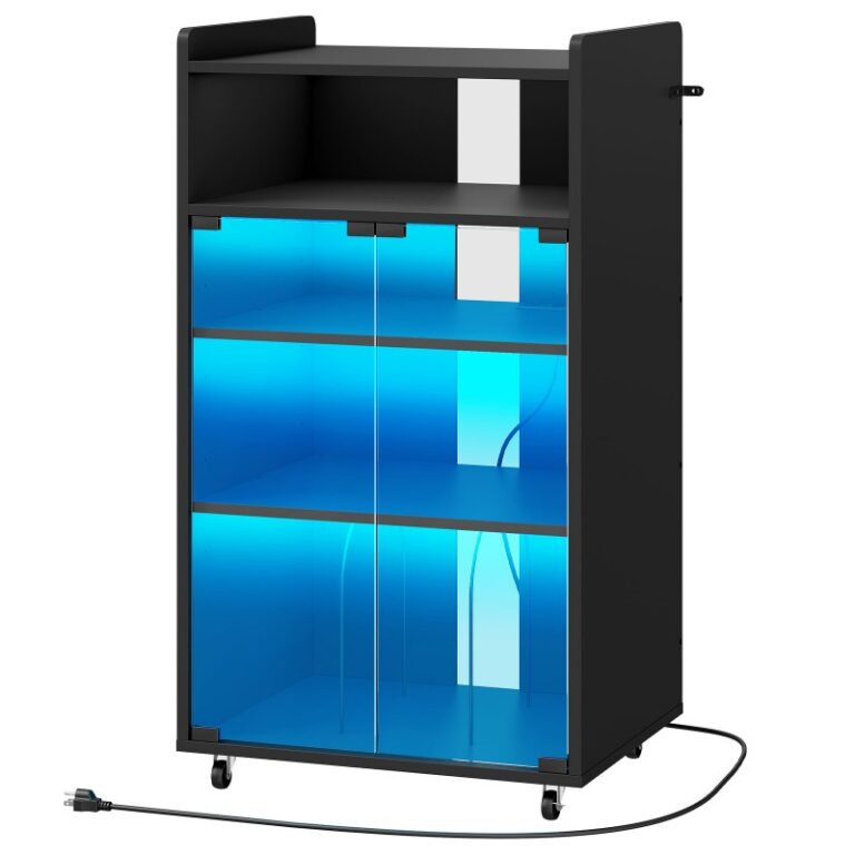 Gabinetto stereo a 5 livelli neri con uscita di potenza e luce a LED, Armadio multimediale con porta di vetro, STEREO STAND con ripiani regolabili, Stand di media mobili, Supporto per giradischi, Sala multimediale soggiorno