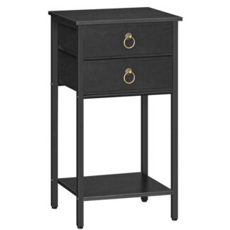 منضدة طويلة, نهاية الجدول مع 2 أدراج قماشية ورف خشبي مفتوح, 26.7-طاولة جانبية بوصة, طاولة الهاتف, طاولة بجانب السرير لغرفة النوم, أسود