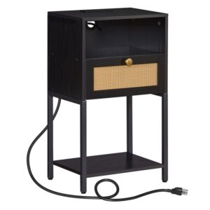 nightstand with charging station, side table with outlet and usb ports, end table with drawer and open shelves, tall nightstand with rattan decoration, for bedroom, black