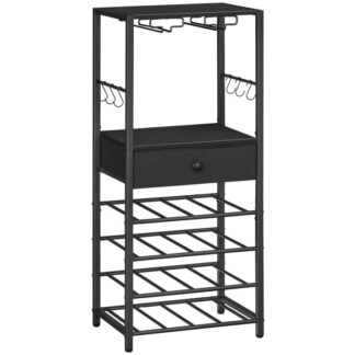 Κρασί, 16-Φιαλίδιο κρασί ράφι ανεξάρτητο πάτωμα, Ράφι αποθήκευσης κρασιού με μη υφασμένα ύφασμα και άγκιστρα, Τραπέζι κρασιού, Ντουλάπι μπαρ για κουζίνα, Τραπεζαρία, Μπαρ, Μαύρος