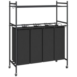 Wäschesortierer 4 Abschnitt, Wäsche rollte Wäsche durch Räder, Wäschereikorb mit Netzregal und abnehmbaren S-förmigen Haken, Stabiler Metallrahmen, Organisation für Waschküche, Schwarz