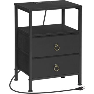 Κομοδίνο με σταθμό φόρτισης, Τελικός πίνακας με USB και καταστήματα, Μικρή νυχτερινή στάση με συρτάρια υφασμάτων για υπνοδωμάτιο, Μικροί Χώροι, Μαύρος