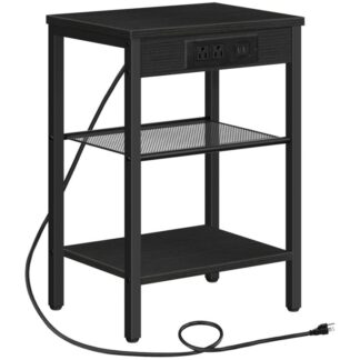 table de fin avec station de charge et ports USB, 3-Tablette de nuit avec étagère réglable, table d'appoint étroite pour un petit espace dans le salon, chambre et balcon, noir