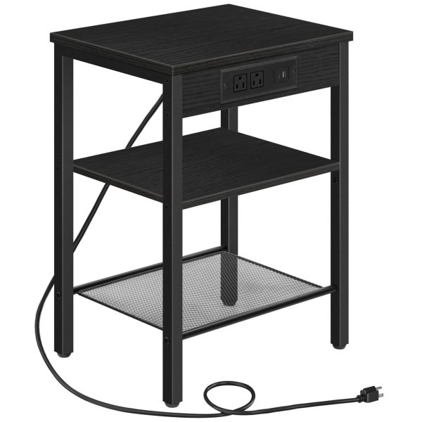 Black End Table with Charging Station and USB Ports, 3-Etagen-Nachttisch mit verstellbarer Ablage, Schmaler Beistelltisch für kleine Räume, Geeignet für Wohnzimmer, Schlafzimmer und Balkon