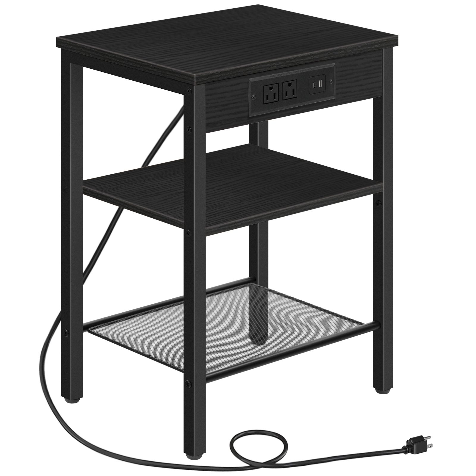 Black End Table with Charging Station and USB Ports, 3-Etagen-Nachttisch mit verstellbarer Ablage, Schmaler Beistelltisch für kleine Räume, Geeignet für Wohnzimmer, Schlafzimmer und Balkon
