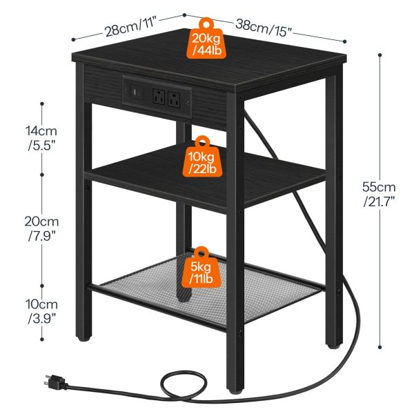 Black End Table with Charging Station and USB Ports, 3-Etagen-Nachttisch mit verstellbarer Ablage, Schmaler Beistelltisch für kleine Räume, Geeignet für Wohnzimmer, Schlafzimmer und Balkon