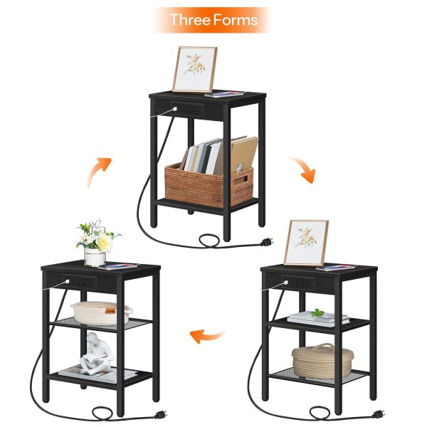 Black End Table with Charging Station and USB Ports, 3-Etagen-Nachttisch mit verstellbarer Ablage, Schmaler Beistelltisch für kleine Räume, Geeignet für Wohnzimmer, Schlafzimmer und Balkon