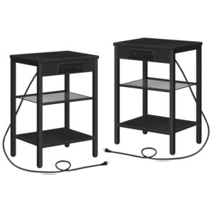 end table set of 2 with charging station and usb ports, 3-tier nightstands with adjustable shelf, narrow side table for small space in living room, bedroom and balcony, black