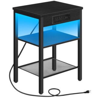 طاولة جانبية مع محطة شحن وأضواء LED, طاولة جانبية صغيرة مع أرفف التخزين, 3-قاد الطبقة منضدة للمساحة الصغيرة في غرفة المعيشة, غرفة نوم, أسود