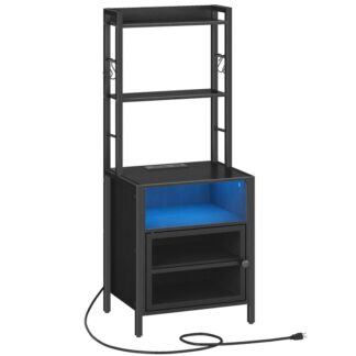 Nachtkastje met laadstation en LED-verlichting, Hoge nachtkastje met verstelbare boekenplank, Bijzettafel met opbergkast, Nachtkastjes voor slaapkamer, Thuiskantoor, Zwart