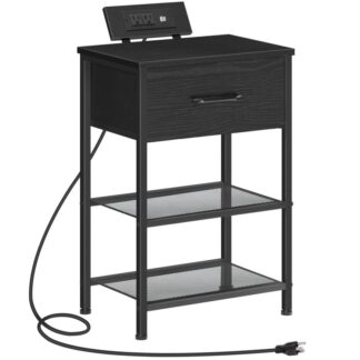 Comodino con stazione di ricarica, Tavolino con porte USB & Punti vendita, Tavolo da comodino con cassetto in tessuto per camera da letto, Nero