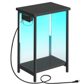 Sivupöytä latausasemalla, LED-pääpöytä 2-tason säilytyshyllyillä, Pieni yöjalka, Kapea sivupöytä olohuoneeseen, Makuuhuone, Musta