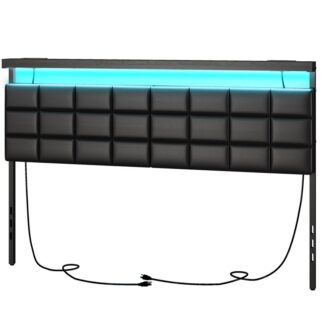 King size verhoiltu pääty, Säilytysteline latausasemilla ja LED -valolla, PU -verhoilu, Pääty avoimella säilytyshyllyllä, Säädettävä korkeus, Tukeva ja vakaa,