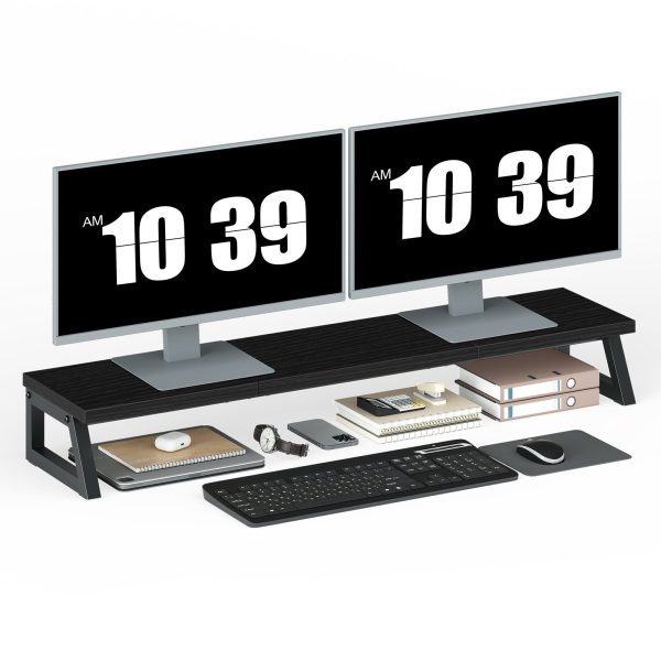 39-Inch Dual Monitor Stand Riser, Heavy-Duty Monitor Elevation Shelf for 2 Monitors (Up to 27 Inches Each), Ergonomic Desk Organizer for Office Workspace, Black