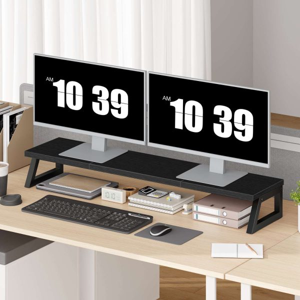 39-Inch Dual Monitor Stand Riser, Heavy-Duty Monitor Elevation Shelf for 2 Monitors (Up to 27 Inches Each), Ergonomic Desk Organizer for Office Workspace, Black