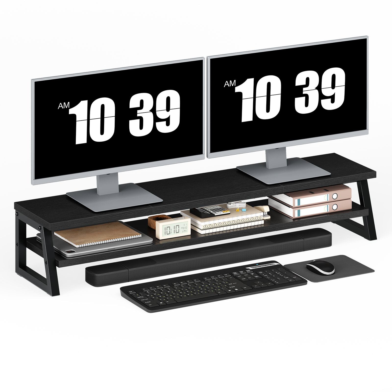 2-Tier Dual Monitor Stand Riser, 39-Inch Large-Capacity Monitor Elevation Shelf for 2 Monitors, Multi-Functional Desk Organizer for Office Workspace & Accessories, Black