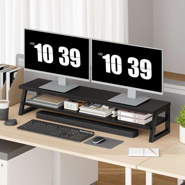 2-Tier Dual Monitor Stand Riser, 39-Inch Large-Capacity Monitor Elevation Shelf for 2 Monitors, Multi-Functional Desk Organizer for Office Workspace & Accessories, Black