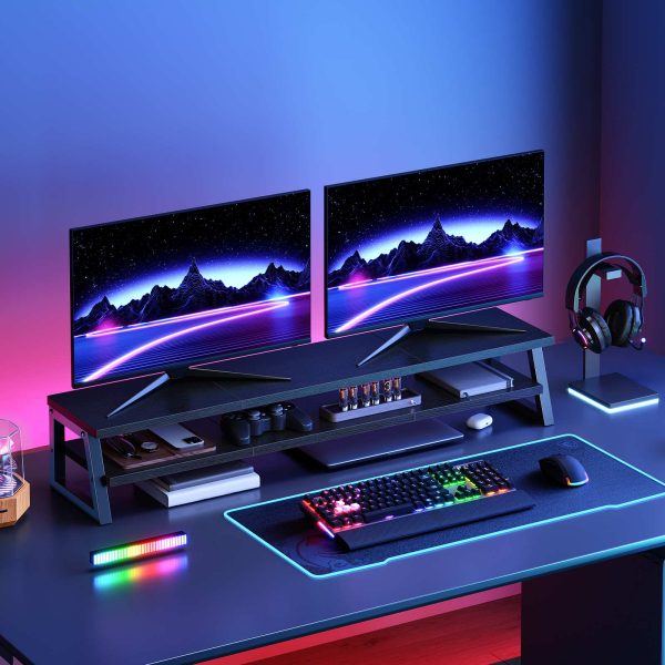 2-Tier Dual Monitor Stand Riser, 39-Inch Large-Capacity Monitor Elevation Shelf for 2 Monitors, Multi-Functional Desk Organizer for Office Workspace & Accessories, Black