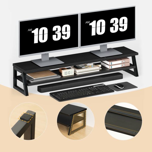 2-Tier Dual Monitor Stand Riser, 39-Inch Large-Capacity Monitor Elevation Shelf for 2 Monitors, Multi-Functional Desk Organizer for Office Workspace & Accessories, Black