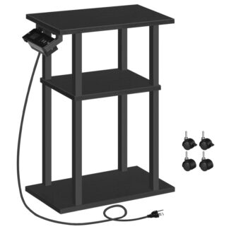 Small Narrow Side Table with Charging Station, Skinny End Table for Small Spaces, Slim Nightstand with USB Ports and Outlet, Sofa Beside Table on Wheels for Living Room