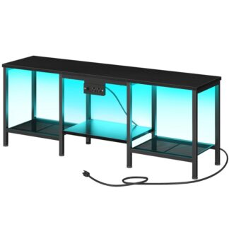 Τηλεοπτική στάση με σταθμό φόρτισης στο 55 ίντσες, LED Entertainment Center, Τραπέζι κονσόλας τηλεόρασης με ανοιχτά ράφια αποθήκευσης για σαλόνι, Υπνοδωμάτιο, Μαύρος