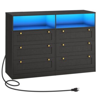 6 Zásuvková komoda s LED svetlami a nabíjacou stanicou, Čierna ratanová komoda do spálne, Ratanová komoda,15.7" Široká LED komoda, s otvoreným úložiskom, Drevená komoda do skrine,