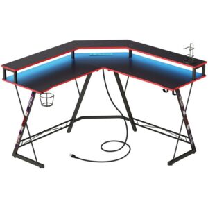 L Shaped Gaming Desk with LED Music Rhythm Lights and Charging Station, Computer Corner Desk with Cup Holder, Headset Hooks, Home Office Desk with Large Monitor Stand, Black