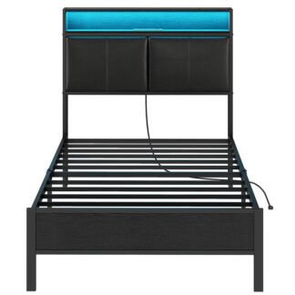 إطار السرير المزدوج الأسود, إطار سرير منصة معدنية مع اللوح الأمامي للتخزين, هيكل سرير مع محطة شحن وإضاءة LED