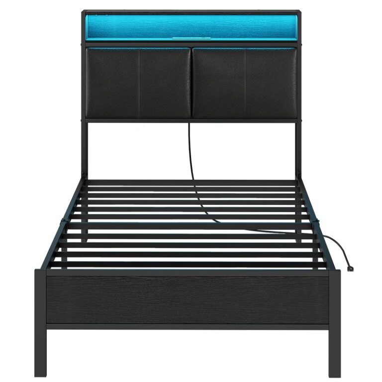 إطار السرير المزدوج الأسود, إطار سرير منصة معدنية مع اللوح الأمامي للتخزين, هيكل سرير مع محطة شحن وإضاءة LED
