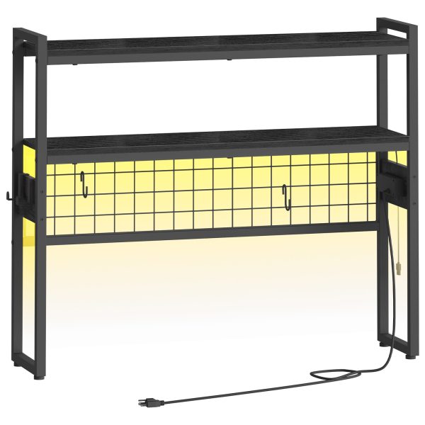 Desktop Bookcase, 2-Tier Desktop Organizer, 95.0cm Wooden Office Storage Rack with Outlets, Display Shelf Rack with Light Strip, Desk Hutch for Office, Black