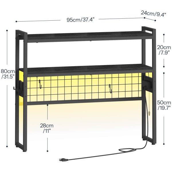 Desktop Bookcase, 2-Tier Desktop Organizer, 95.0cm Wooden Office Storage Rack with Outlets, Display Shelf Rack with Light Strip, Desk Hutch for Office, Black