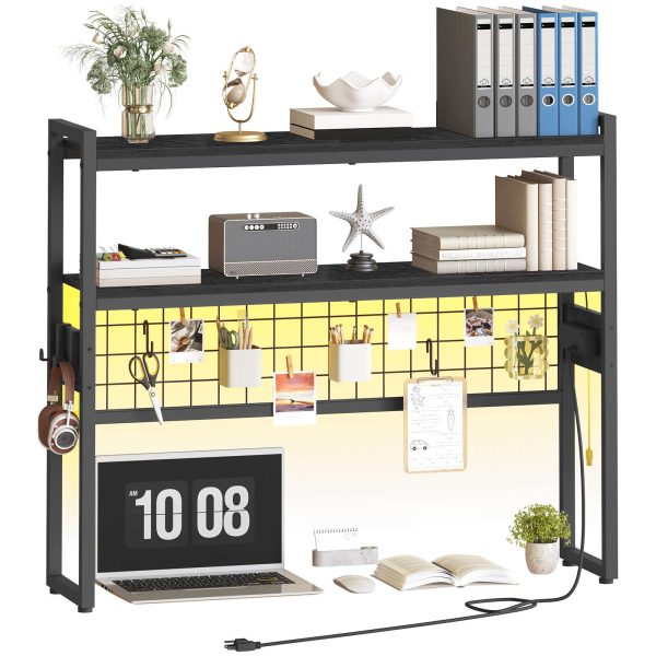 Desktop Bookcase, 2-Tier Desktop Organizer, 95.0cm Wooden Office Storage Rack with Outlets, Display Shelf Rack with Light Strip, Desk Hutch for Office, Black