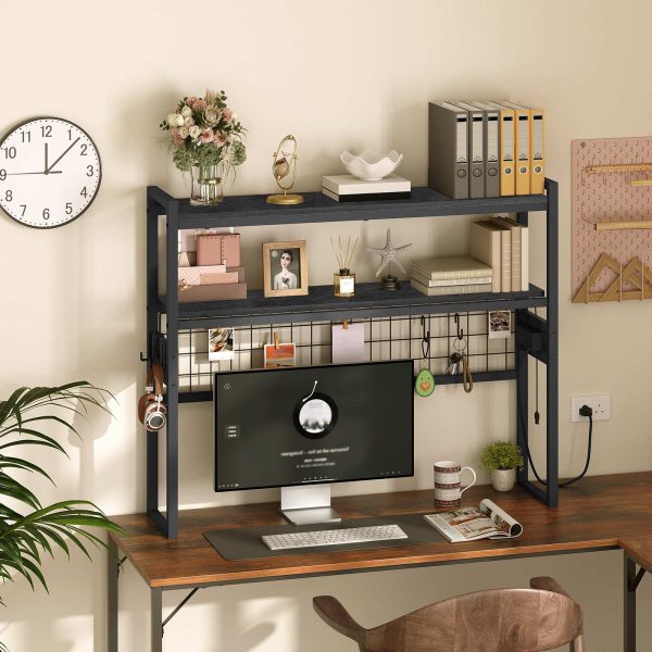 Desktop Bookcase, 2-Tier Desktop Organizer, 95.0cm Wooden Office Storage Rack with Outlets, Display Shelf Rack with Light Strip, Desk Hutch for Office, Black