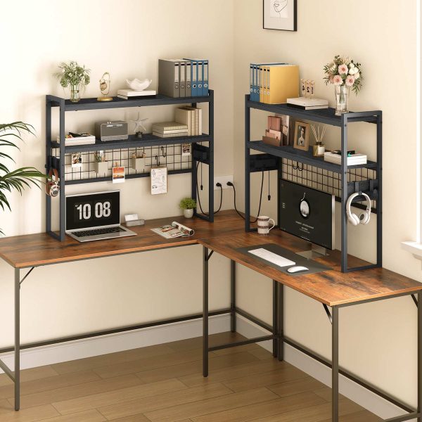 Desktop Bookcase, 2-Tier Desktop Organizer, 95.0cm Wooden Office Storage Rack with Outlets, Display Shelf Rack with Light Strip, Desk Hutch for Office, Black