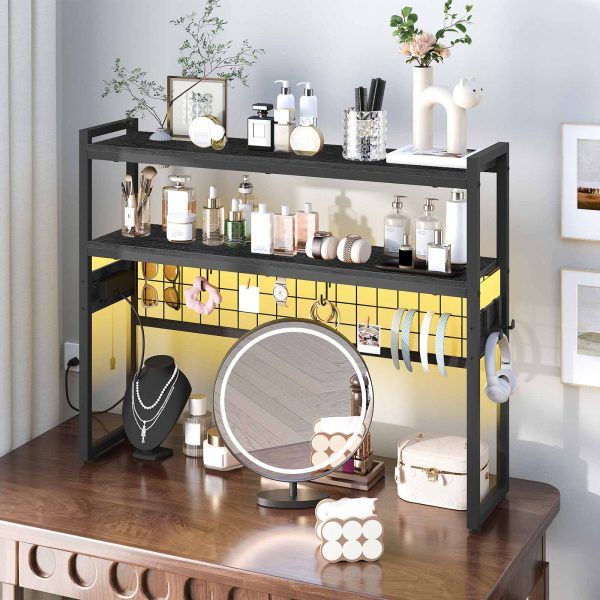 Desktop Bookcase, 2-Tier Desktop Organizer, 95.0cm Wooden Office Storage Rack with Outlets, Display Shelf Rack with Light Strip, Desk Hutch for Office, Black