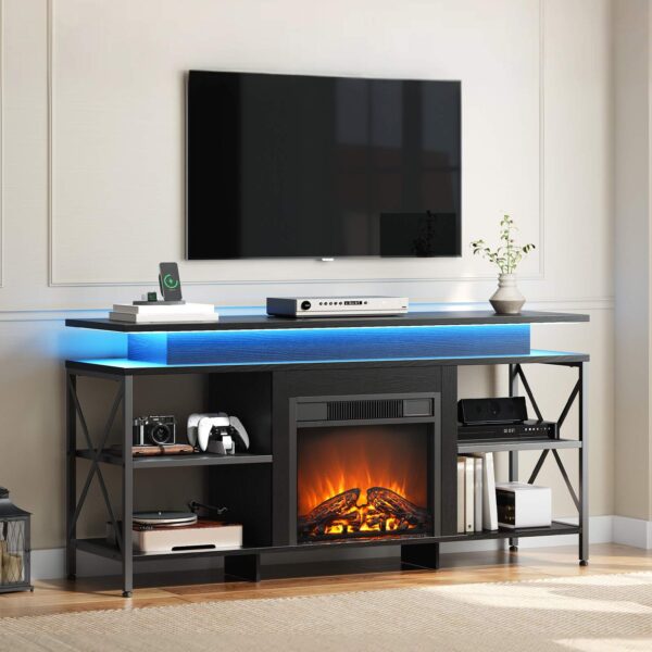 HOOBRO Stojak pod telewizor z kominkiem i oświetleniem LED, Stojak pod telewizor z kominkiem elektrycznym i stacją ładującą, Nowoczesne Centrum Rozrywki z Kominkiem, Konsola telewizyjna multimediów, dla telewizorów do 65 Cal, Czarny