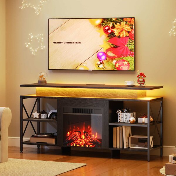HOOBRO Stojak pod telewizor z kominkiem i oświetleniem LED, Stojak pod telewizor z kominkiem elektrycznym i stacją ładującą, Nowoczesne Centrum Rozrywki z Kominkiem, Konsola telewizyjna multimediów, dla telewizorów do 65 Cal, Czarny