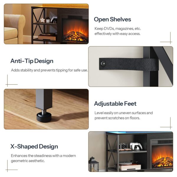 HOOBRO Stojak pod telewizor z kominkiem i oświetleniem LED, Stojak pod telewizor z kominkiem elektrycznym i stacją ładującą, Nowoczesne Centrum Rozrywki z Kominkiem, Konsola telewizyjna multimediów, dla telewizorów do 65 Cal, Czarny